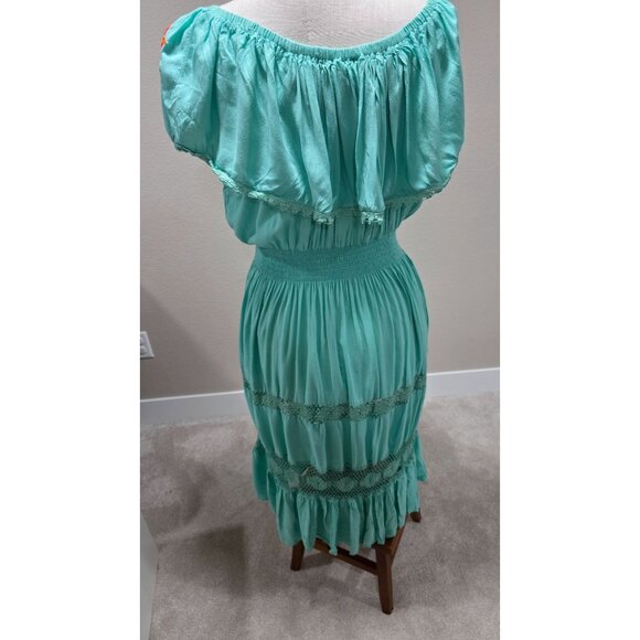 Mexican Boho Maxi Dress With Floral Embroidery & Lace Details Turquoise Color El - Picture 3 of 10